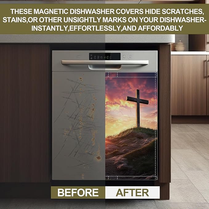 Cross Dishwasher Magnet Cover,Sunset Kitchen Decor Waterproof Refrigerator Magnet Appliance Cover Protector,23Wx26H Inches