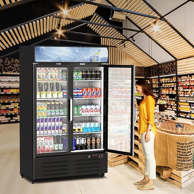 PeakPursuit Commercial Beverage Refrigerator 27.1 Cu.ft, Glass Door Display Fridge with LED Light, 10 Adjustable Shelves, Upright Merchandiser Refrigerator for Restaurant, Cafe, Store, Black