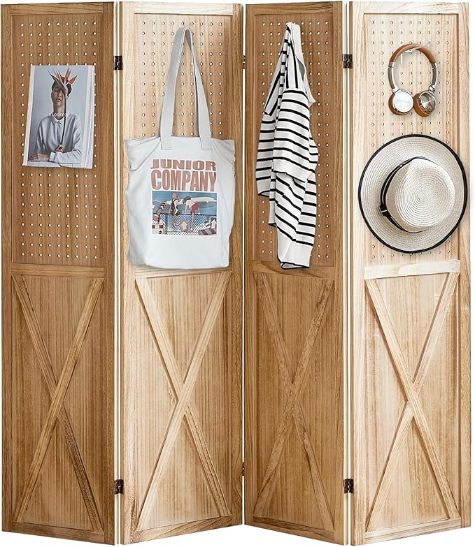 4 Panel Pegboard Wood Room Divider, 5.6Ft Pegboard Display Folding Privacy Screens, Peg Board Display Freestanding for Trade Show Craft Show Home Wall Organizer, Light Brown