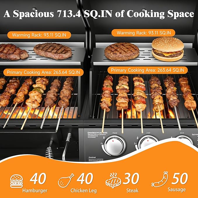Dual Fuel Grill Combo Propane Gas & Charcoal Grill with Side Burner, 3+1 Burners 40,000 BTU Total, 713.5 Sq In Cooking Area, Adjustable Charcoal Tray & Stainless Steel Cabinet (Gas + Charcoal Combo)