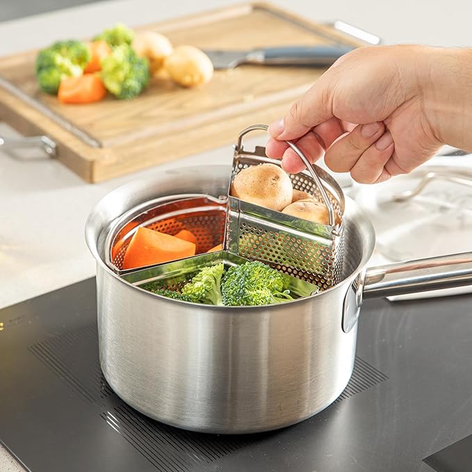 Restaurantware Steamer Basket for Cooking Pot 3-Piece Stainless Steel Trio Separator Perforated Steam Basket Divider for Cooking Veggies, Dumplings, Eggs, Seafood, Pasta, Pressure Cooker