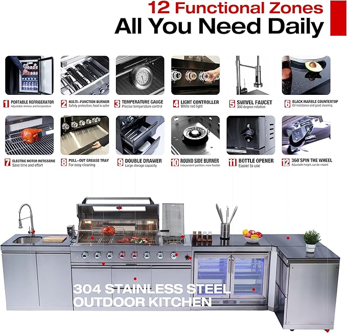 157-Inch 6-Burner 96000 BTU Propane Gas Outdoor Kitchen Island - Stainless Steel Grill with Wine Cooler, Rotisserie, Granite Countertops, Storage Cabinets & Drawers, Silver