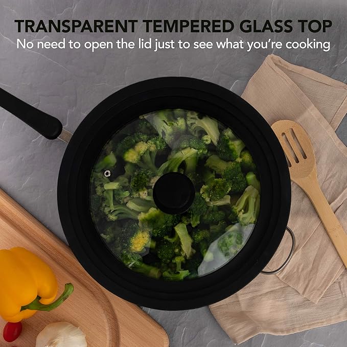 Large Silicone & Glass Universal Lid (10.5 to 12 Inches) - BPA-Free Silicone Lid with Stay Cool Handle & Tempered Glass Top - Dishwasher Safe - Universal Lid for Pots, Pans, Skillets, Cast Iron