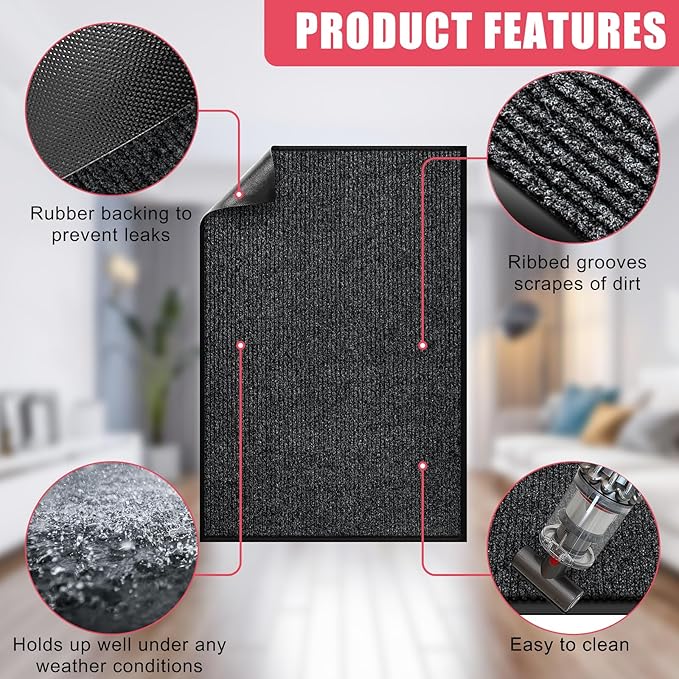 Kuyal Front Door Mat, 2'x3' Indoor Outdoor Entrance Mat, Commercial Floor Rug Inside Outside Entrance, Heavy Duty Durable Welcome Rug, Rubber Backing Non Slip Outdoor Mats for Entryway, Black