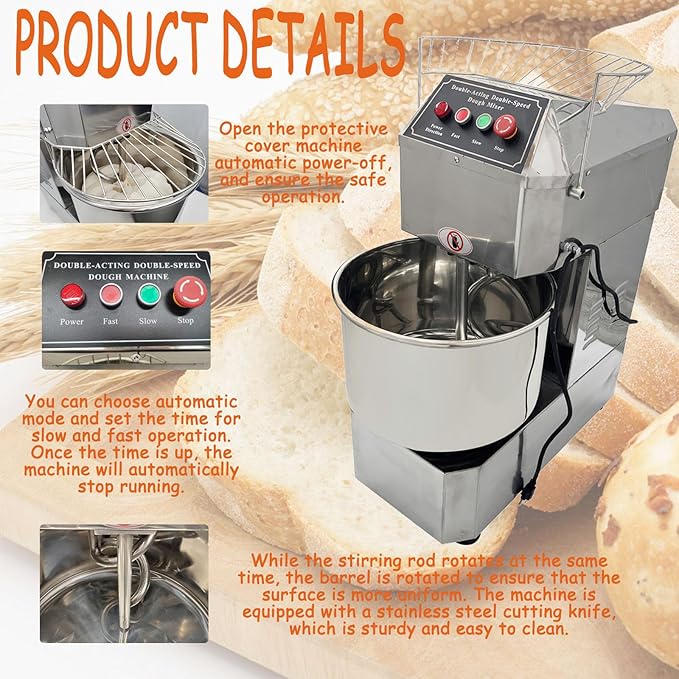 Commercial Dough Mixer 50QT, 2200W 110V Dual Speed Dual Action, Stainless Steel Spiral Stand Mixer for Pizza Dough, Bakeries, Restaurants & Schools