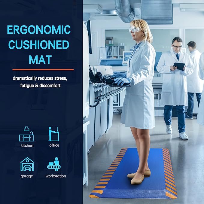 FEATOL Anti Fatigue Mat Industrial, Ergonomic Standing Floor Mat for Work for Stand -Safety Support for Leg & Back Pain(Blue with Yellow Border, 20" x 39", 1PC)