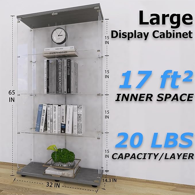 64.5" H 4-Shelf Glass Display Cabinet with Double Door,Modern Curio Cabinet Collection Display Case,Floor Standing Bookshelf Glass Display Case with Lock for Living Room Bedroom (Black)