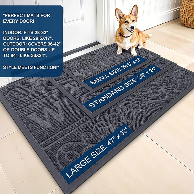 OLANLY Welcome Door Mat Indoor Outdoor Entrance, Heavy Duty Sturdy Front Door Mat, Waterproof All-Weather Doormat, Stain Resistant, Low Profile, Easy Clean Patio Entryway Mat, 47 x 32, Medium Grey