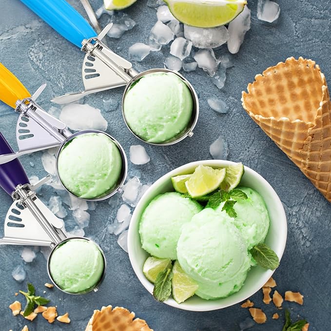 3 Pcs Release Cookie Scoops Ice Cream Scooper with Trigger Release Portion Scoop Stainless Steel for Portion Control, Baking Food, Cookie Dough (1 Oz+2 Oz+2.65 oz,Purple,Yellow,Blue)