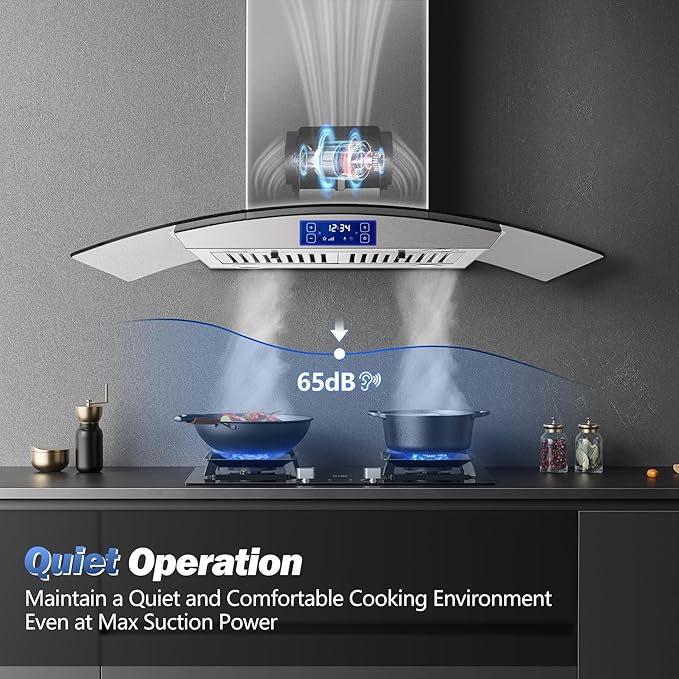 Island Range Hood 36 inch 700 CFM Ceiling Mount Kitchen Stove Hood Ducted with Tempered Glass 4 LED Lights Touch Control 3 Speed Fan Permanent Filters