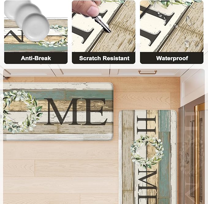 KIMODE Anti Fatigue Kitchen Mats for Floor,17.3" x 30" Farmhouse Rustic Kitchen Rugs Cushioned,Non-Skid Waterproof Comfort Thick Kitchen Floor Standing Mat for Corner Sink,Laundry Floor,Home