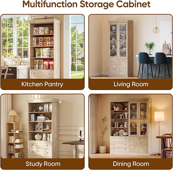 Vyre 71" Tall Farmhouse Kitchen Pantry, Set of 3 Large Storage Cabinets with Glass Doors & Adjustable Shelves, Versatile Wood Hutch for Living Room & Dining Room, Brown