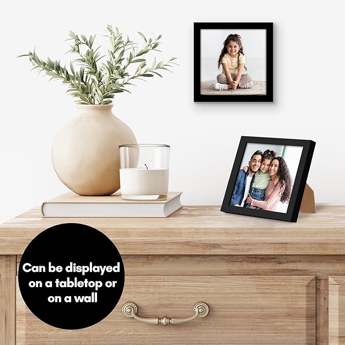 Americanflat 5x5 Picture Frame with Shatter-Resistant Glass - Streamline Collection - Thin Border Square Frame for Tabletop and Wall Display - Hanging Hardware and Easel Stand Included - Black