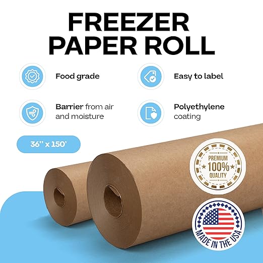 Brown Freezer Paper Roll 36" x 1800" (150 feet) - USA-made Freezer Paper for Meat & Fish - Plastic-Coated Brown Freezer Wrap for Food Freezing by IDL Packaging