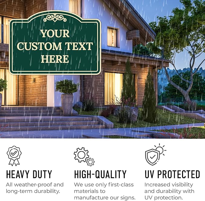 Custom Decorative Sign, Personalized Metal Sign for Business, Driveway, Home, Airbnb, Office Door Plaque, Green Background Sign 14x10 Inches, ACM, Fade Resistant, Made in USA by Sigo Signs