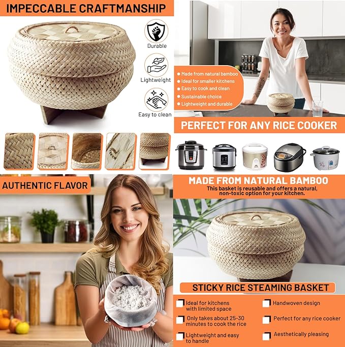 Sticky Rice Pressure Cooker Slow Cook Set Bamboo Basket Steaming Kit Recipe With Water (Size 5.5 in.)