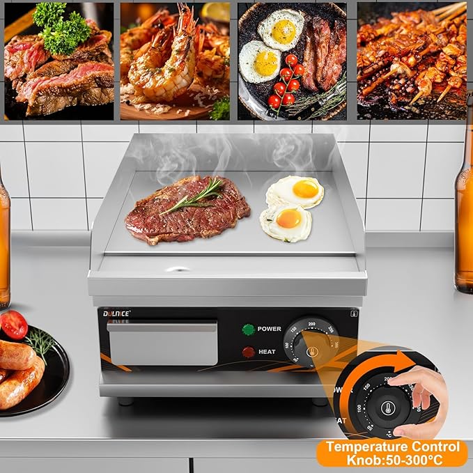 Commercial Electric Griddle, 1500W Electric Countertop Flat Top Griddle with Thermostat, 12" Stainless Steel Flat Top Grill, Non-Stick Teppanyaki Grill for Home & Restaurants