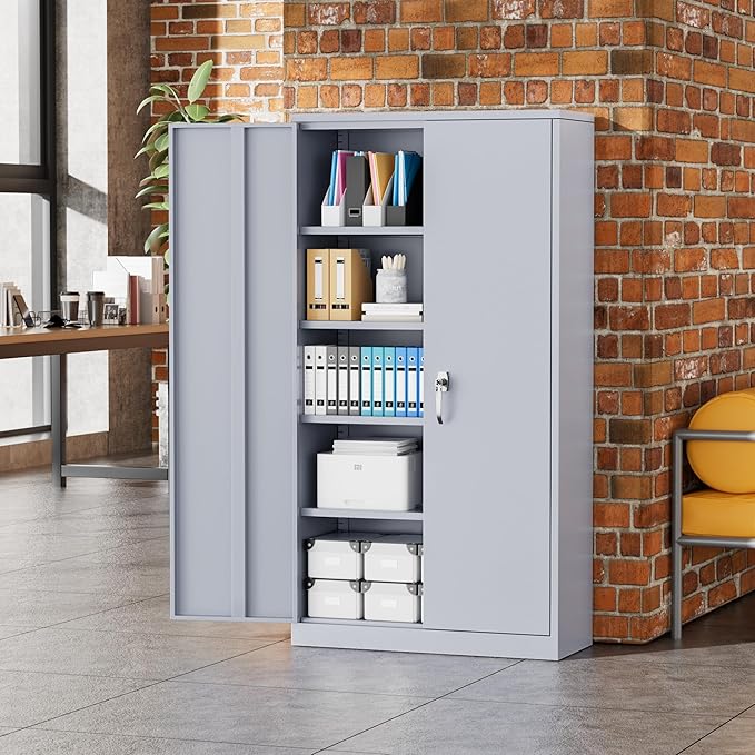 Greenvelly Metal Garage Storage Cabinet with 2 Doors and 4 Adjustable Shelves, 72”H Steel Lockable Storage Cabinet,Tall Metal Cabinet Locking File Cabinet for Office,Home, Garage, Gym, School