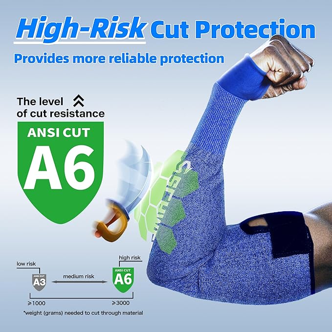 Schwer AIR-SKIN ANSI A6 Cut Resistant Arm Sleeves for Men & Women, Arm Protectors for High Risk Work, Gardening Sleeves, 100 Pairs, Blue, 18 IN