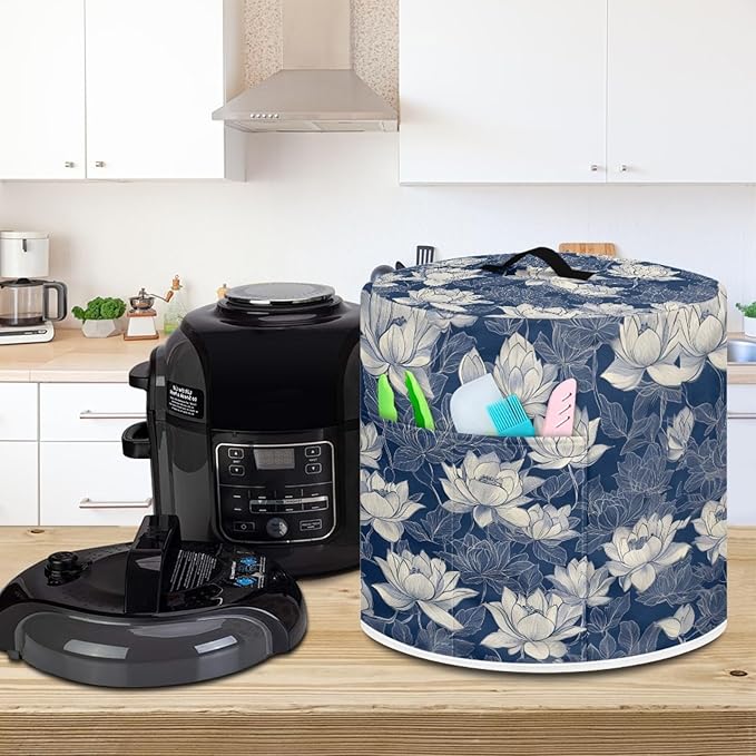 Insulated Pressure Cooker Appliance Cover, Also Fit for Rice Cooker, Air Fryer and Crock Pot, 3 Qt Dust Cover with Pocket for Spoon/Cooking Utensils/Recipes, Machine Washable, Blue Lotus
