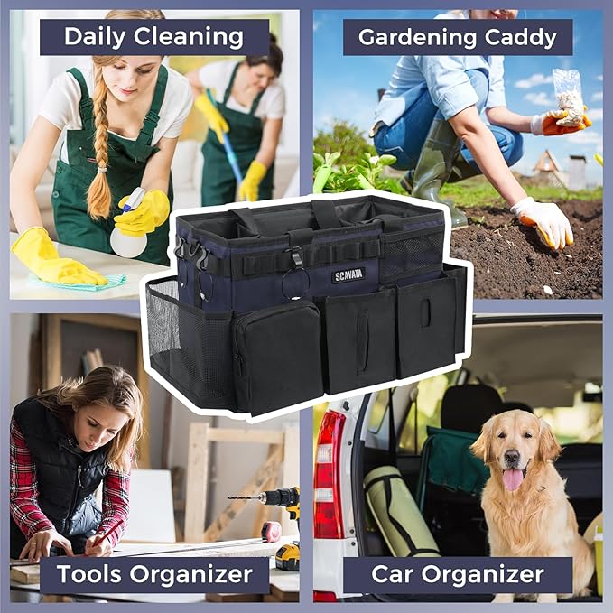 Wearable Cleaning Caddy Bag, Cleaning Caddy Supplies Organizer with Handle & Shoulder Straps for Housekeepers, Under Sink & Car Cleaning Tool Organizers with 4 Foldable Divider (DarkBlue)