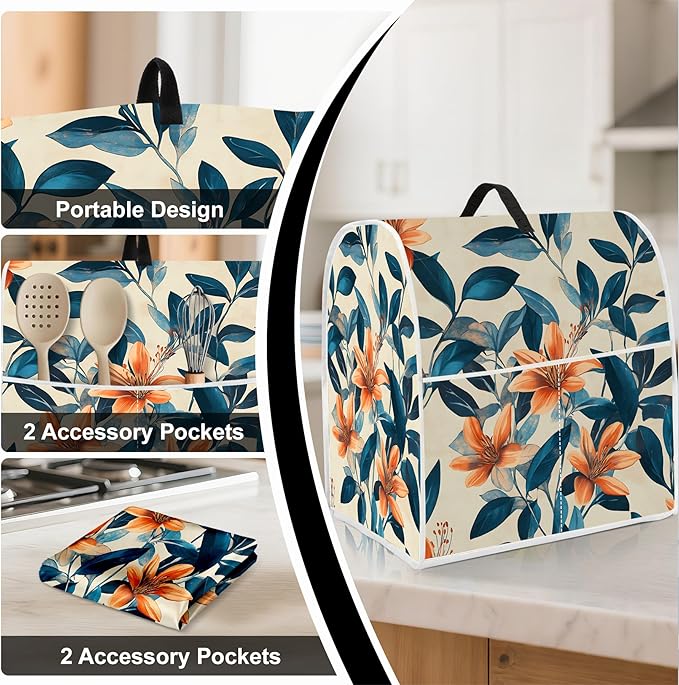Stand mixer cover with handle and storage bag, reusable and washable, stylish retro floral design, keeps kitchen countertops clean and tidy (fits 6-8 quart mixers).