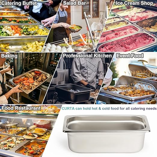 CURTA 6 Pack Anti-Jam Hotel Pans, 1/3 Size 4 Inch Deep, NSF Commercial 18/8 Stainless Steel Chafing Steam Table Pan, Catering Storage Metal Food Pan