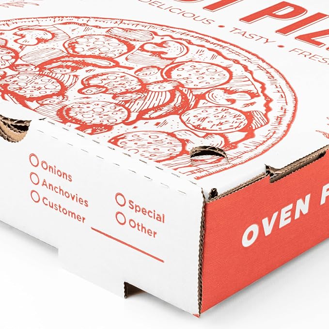 Karat Pizza Boxes 8" x 8" [50 Pack] Classic Red Print Corrugated Boxes | Ventilated, Grease-Resistant, Durable for Pizza or Mailing Use