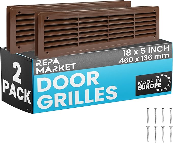 Repa Market 18" x 5" Inch (Outer Size) Pack of 2 Brown Plastic Louvered Door Vents for Interior Doors – 2 Sided Two Way Door Air Return and Intake Cover – Door Air Vent Grille Rectangular Door Vent