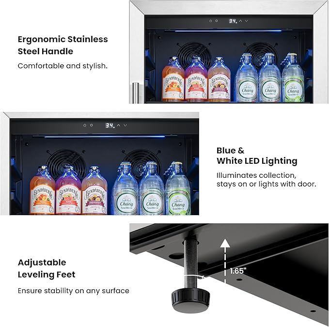 Yeego Beverage Refrigerator & Drink Fridge - 24 inch 238 Cans Beer Cooler with Glass Door, 34-54℉ Built-in or Freestanding Refrigerator with Door Lock, For Drink Soda Wine and Kitchen, Bar or Office