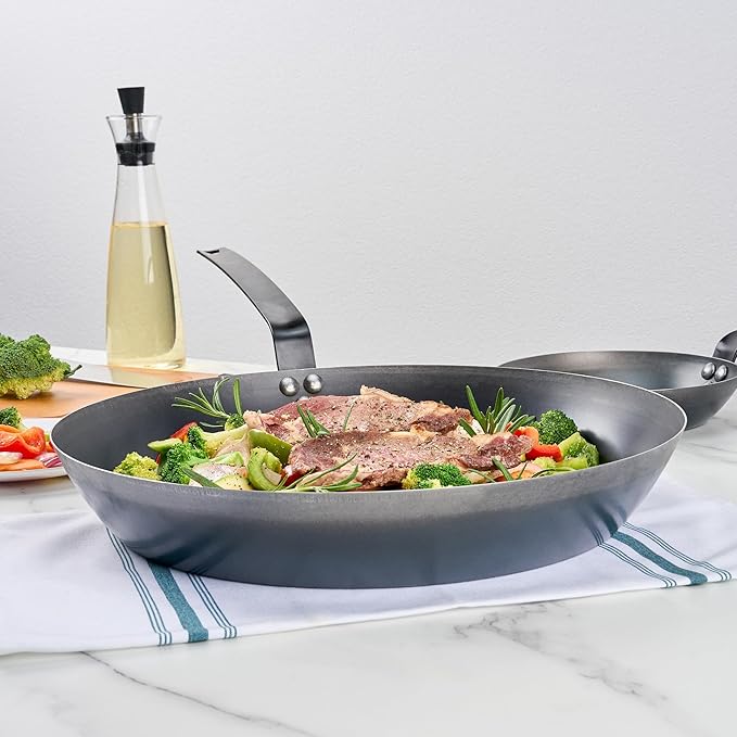 Restaurantware-Met Lux 16 Inch Fry Pan, 1 Lightweight Frying Pan - Induction-Ready, Triple-Riveted, Black Carbon Steel Cooking Skillet, Durable, For Searing, Sauteing, And Browning Food