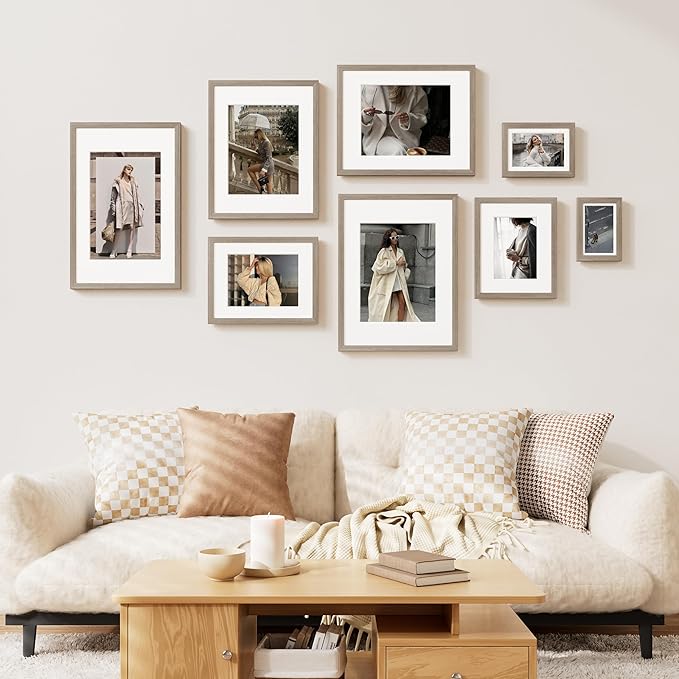 Vittanly 8.5x11 Picture Frame Set of 2, Solid Wood Frame for Wall or Tabletop, Display Photo 6x8 with Mat or 8.5x11 without Mat, Light Brown