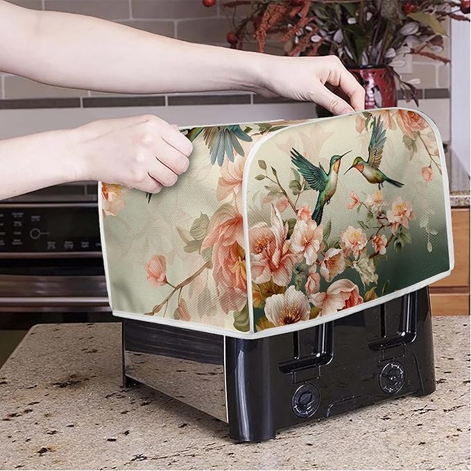 Hummingbird Flower Print 4 Slice Toaster Cover Dustproof Fingerprint Protectors Kitchen Accessories Decor