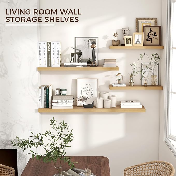 Floating Shelves for Wall 24"W x 6.7"D x 1.37"H, Engineered Wood Wall Shelves with Invisible Brackets for Living Room Bedroom Bathroom Office Kitchen Decor and Storage, Oak Finish, Set of 2