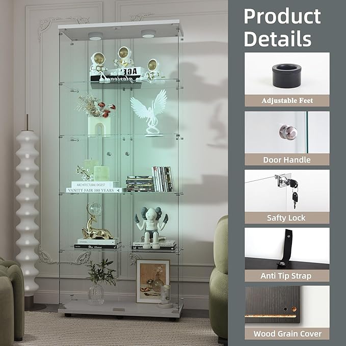 Glass Display Cabinet with LED, 5 Shelves with 2 Doors, Curio Storage Cabinets with Lock for Living Room, Office, Floor Standing Glass Bookshelf, Quick Installation - White