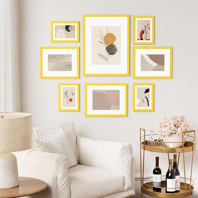 Vittanly 8x10 Picture Frame Set of 2, Solid Wood Frame for Wall or Tabletop, Display Photo 5x7 with Mat or 8x10 without Mat, Yellow