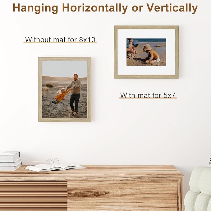 Vittanly 8x10 Picture Frame, Solid Wood Frame with Plexiglass, Includes 5x7 Mat, Wall Hanging or Tabletop for Home Decor, Light OAK, 1 Pack