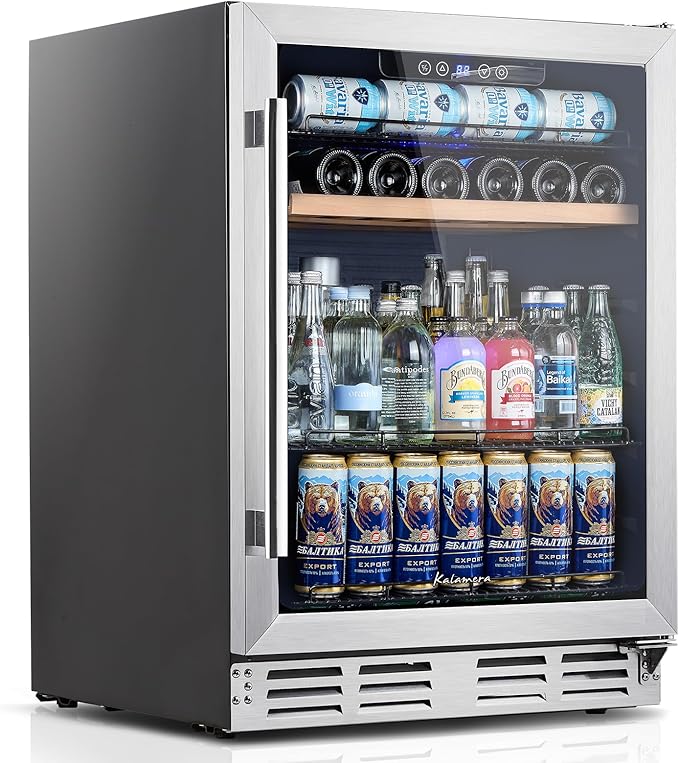 Kalamera Mini Fridge 24 Inch Undercounter Beverage and Wine Cooler Refrigerator Built-in or Freestanding - 118 Cans & 15 Bottles Capacity with LED Light Glass Door