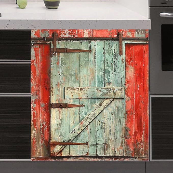 Paint Peeling Wood Door Dishwasher Magnets Decorative Cover, Vintage Barn Door Fridge Magnetic Panel Decal, Magnet Dishwasher Skin Cover Sticker 23" W x 26" H Magnetic