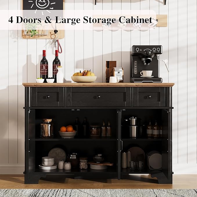 Farmhouse Buffet Cabinet with Storage, Black Sideboard Buffet Cabinet with Adjustable Shelves & 3 Drawers, Buffet Table Coffee Bar Wine Bar Storage for Kitchen & Living Room, 47 Inch