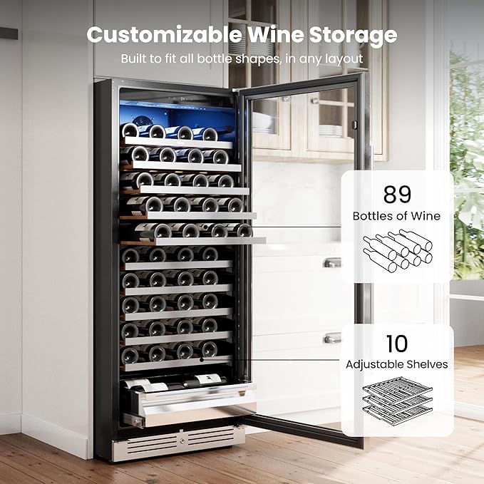 Yeego 24 Inch Wine Fridge – 40°F-65°F Wine Cooler Refrigerator, 304 Stainless Steel Glass Door Lock, Temperature Memory Blue & White LED Built-in Wine Fridge with Adjustable Shelves (89 Bottle)