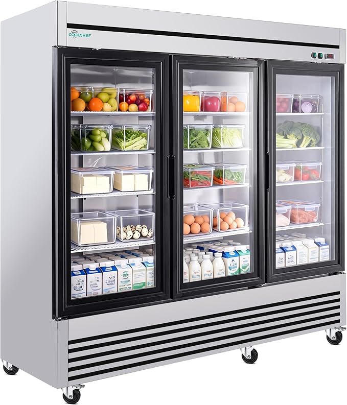 81" Commercial Glass Door Refrigerator, 72 Cu.Ft Triple-Door Reach-In Cooler, 33–40℉, Triple-Layer Low-E Glass, 12 Shelves, R290