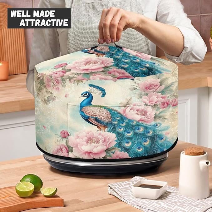 Peacock Peony Flower Vintage Print Slow Cooker Dust Cover with Storage Pocket and Handle Easy to Use Kitchen Appliances Accessory Rice Cooker Cover Fit Most 6/7/8 Quart Air Fryer