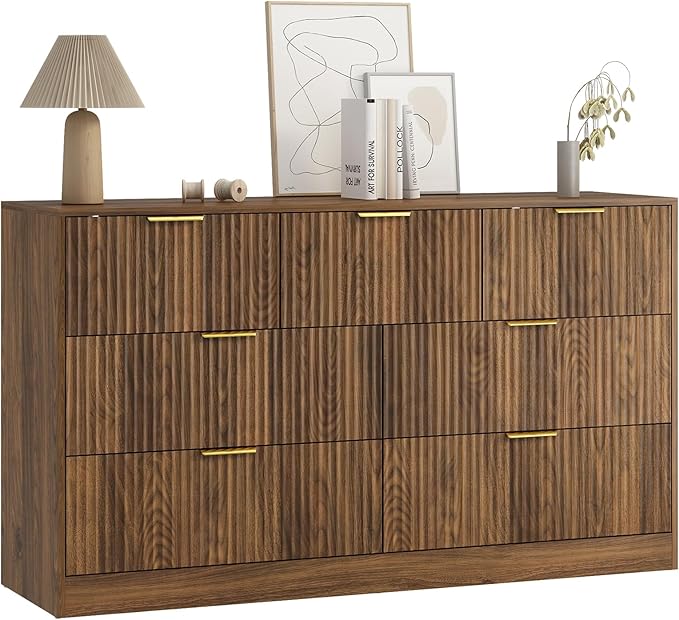 7 Drawers Dresser for Bedroom，55" Wide Fluted Dresser with Deep Drawers, Modern Chest of Drawers, Mid Century Wood TV Stand Storage Organizer for Closet, Living Room, Hallway, Natural