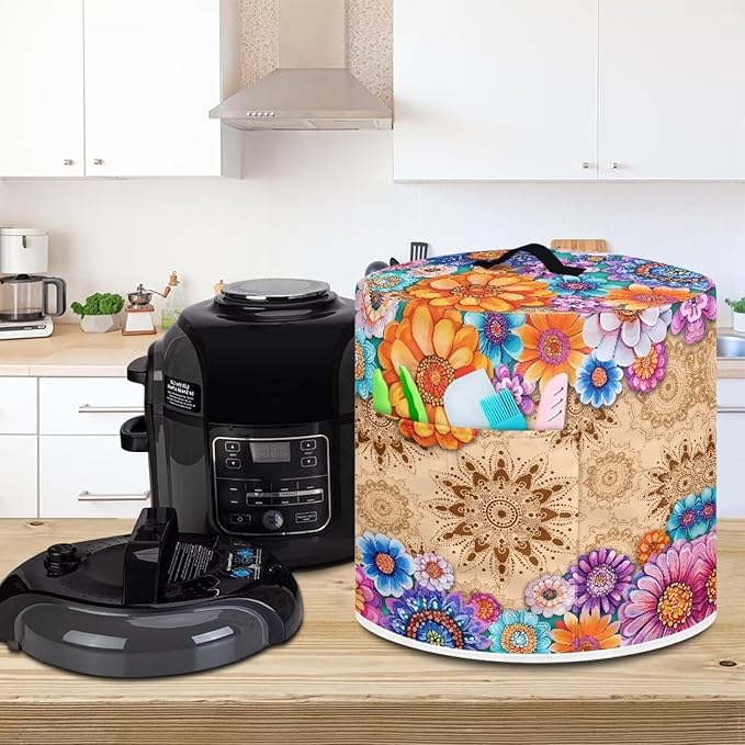 TODIYADDU Vintage Hippie Flower Electric Pressure Cooker Cover Round Protective Cover Bag with Pocket and Handle for Instant Pot or Rice Cooker Kitchen Small Appliance Dust Covers Holiday Presents, S
