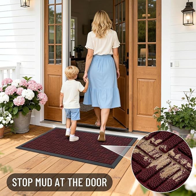 OLANLY Front Door Mat Outside Entrance 59x23, Absorbent, Heavy Duty Sturdy Natural Rubber Doormat Indoor Outdoor, Non-Slip, Stain and Fade Resistant, Low Profile Floor Mat for Entryway, Burgundy