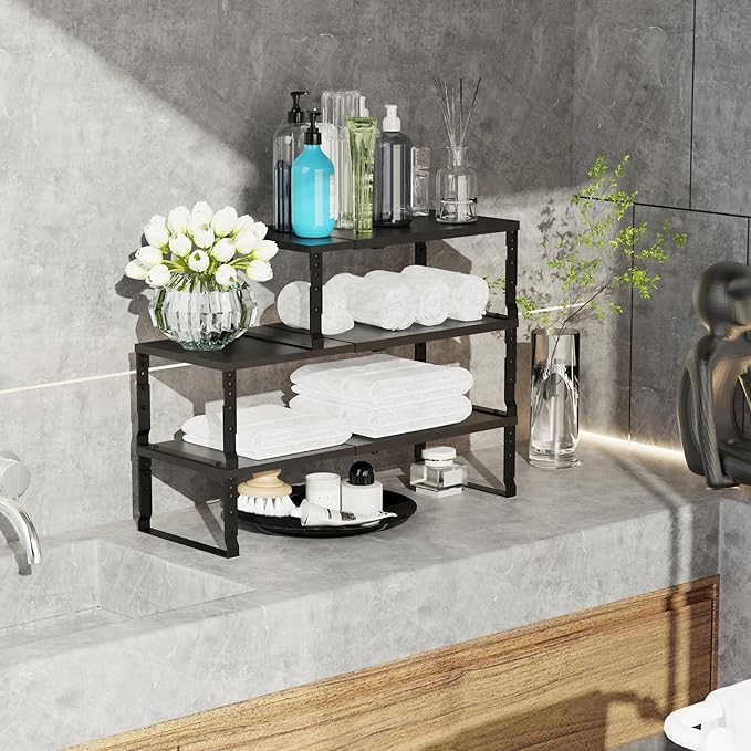 Expandable Stackable Spice Rack Organizer for Kitchen Cabinet,Adjustable Counter Shelf, countertop, Pantry,Cupboard,Bathroom,Bedroom(2Packs/Black/Medium)