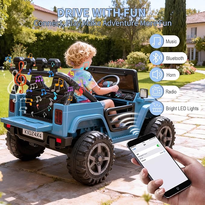 Kids 24V 2-Seater Electric Ride On Car, 4x4 Ride On Truck w/Remote Control, 4-Wheeler Suspension, 3 Speeds, Led Lights, Bluetooth, Ride on Car Toy for Kids Ages 3-8, Blue