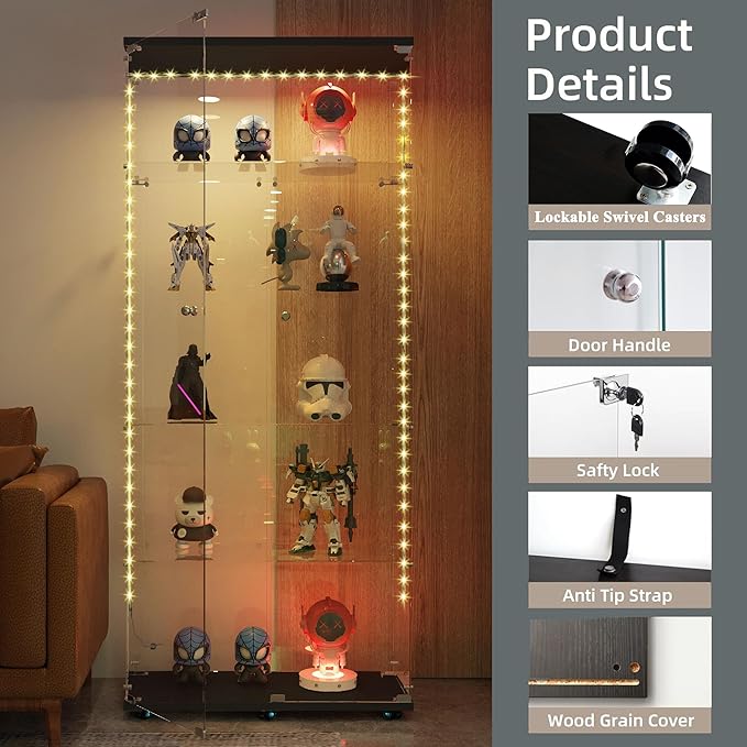 Glass Display Cabinet with LED Light Strip, 5 Shelves with 2 Doors, Curio Storage Cabinets with Lock & Caster for Living Room, Office, Floor Standing Glass Bookshelf, Quick Installation - Black