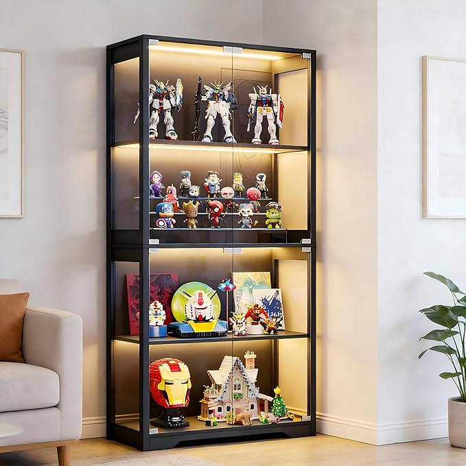 Display Cabinet with Glass Doors, Curio Cabinet with 3 LED Lights and Human Body Sensor, Bookcase with 4 Shelves Storage Cabinets, Black